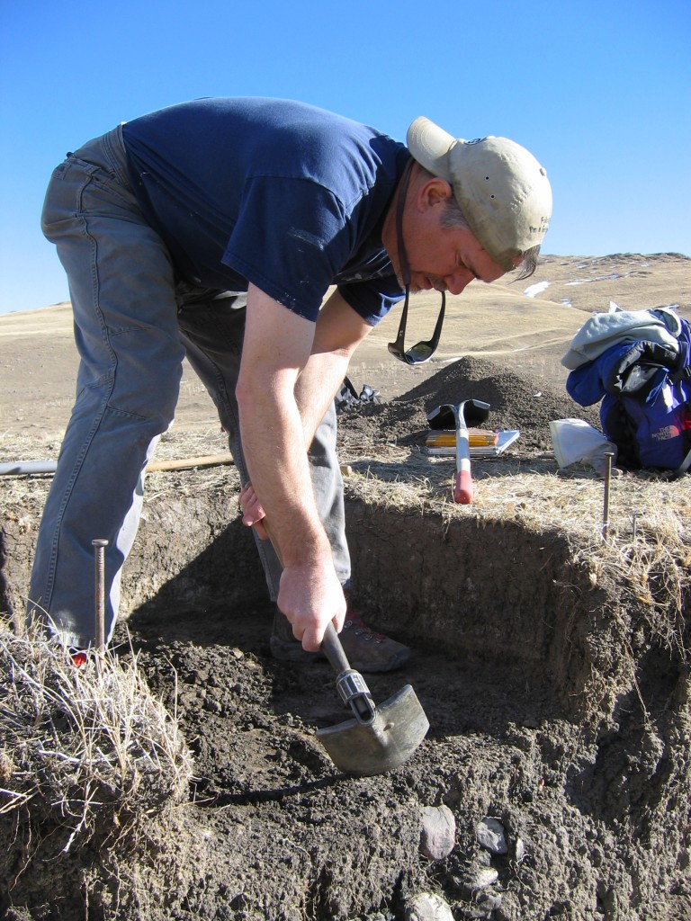 Dr. Kevin Gilmore, Ph.D., Registered Professional Archaeologist (RPA) carefully excavates the hearth feature. Kevin served as the principal investigator on the Zaharias-Thomas property.