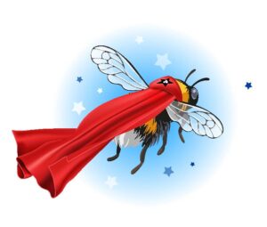 Illustration of a bee wearing a super hero cape