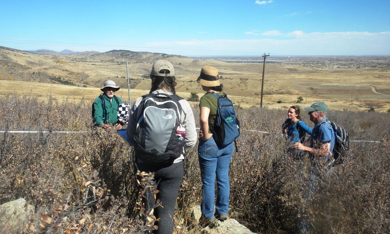 Five people looking at a shrub monitoring point
