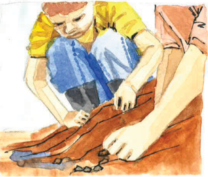 Illustration of a boy and an adult building a watershed.