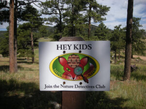 A park sign featuring an illustration of Sherlock Fox, wearing a detective hat and holding a magnifying glass, invites kids to "Join the Nature Detectives Club." The sign is set against a backdrop of tall pine trees and a grassy landscape under a clear sky.