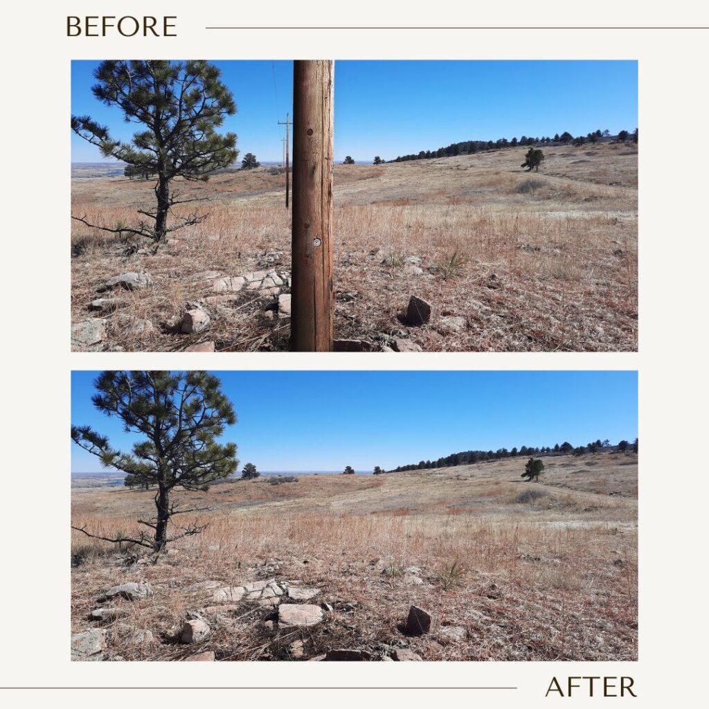 Before and after photo comparison of Ron Stewart Preserve at Rabbit Mountain. The "before" image shows utility poles standing in the landscape, with a pine tree on the left and grassy hills in the background. The "after" image shows the same scene with the utility poles removed, leaving the natural environment undisturbed, with the pine tree and hills still visible under a clear blue sky.