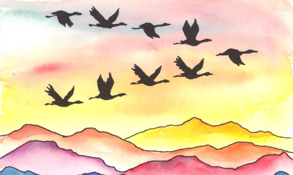 A watercolor painting depicts a formation of silhouetted geese flying in unison against a sunrise sky. 