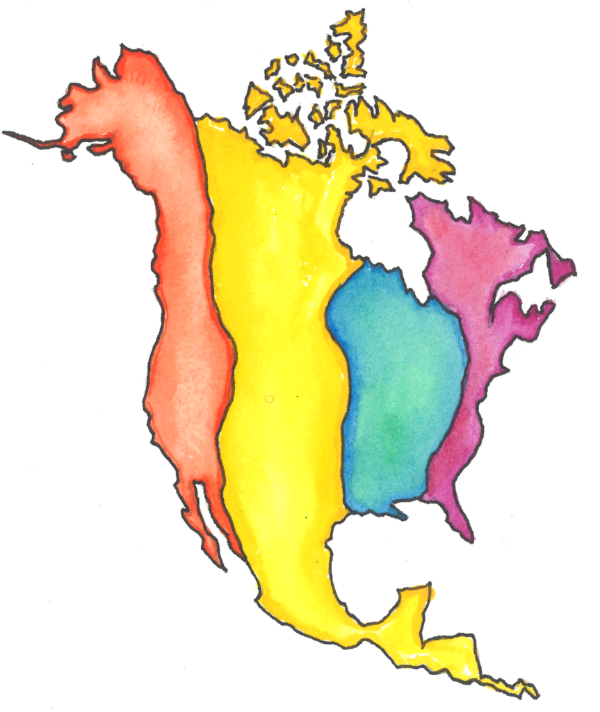 : A stylized watercolor map of North America divided into four colorful sections, representing the primary bird migration flyways: Pacific (red), Central (yellow), Mississippi (green/blue), and Atlantic (purple).