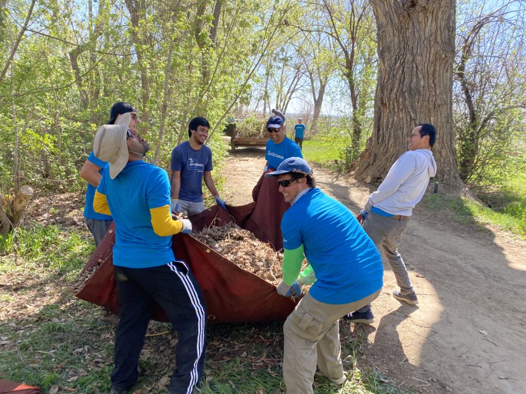 A group of Qualcomm employees, wearing blue shirts and work gloves, lift a large tarp filled with dried leaves and debris while clearing an overgrown ditch. They are laughing and working together in a shaded, wooded area with a dirt path nearby.