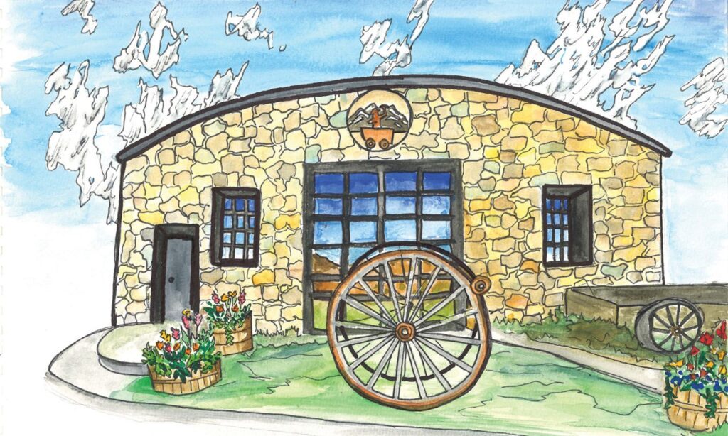 Watercolor illustration of the Nederland Mining Museum, a stone building with a large wagon wheel in front, colorful flower barrels, and mountains reflected in the windows.
