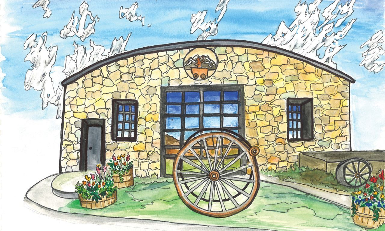 Watercolor illustration of the Nederland Mining Museum, a stone building with a large wagon wheel in front, colorful flower barrels, and mountains reflected in the windows.