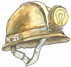 Watercolor illustration of a miner’s hard hat with a chin strap and a round headlamp showing a glowing light bulb.