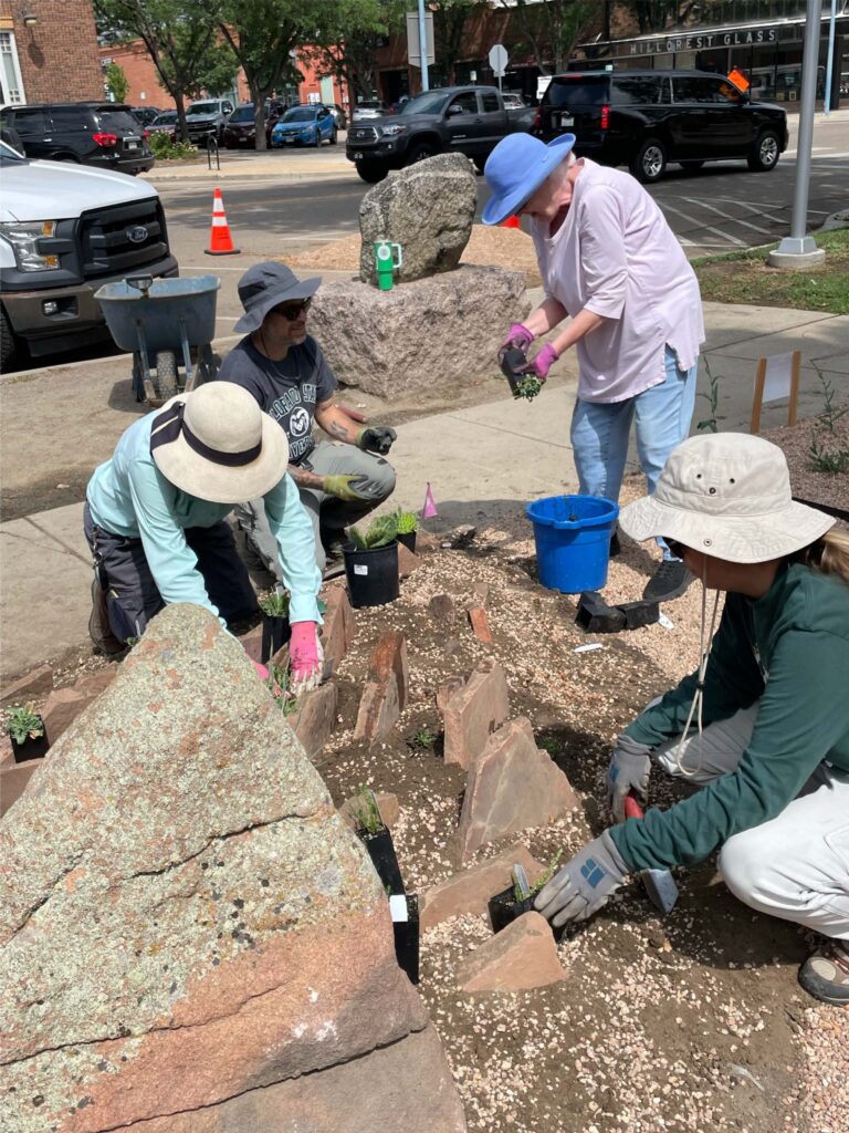 Volunteers install rocks in the demonstration garden,