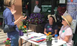 Volunteers sit at a table in front of the garden center answering questions from a shopper