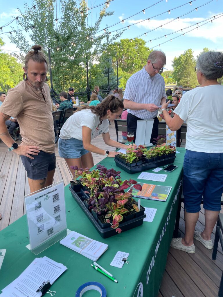 Table full of plant starts being visited by brewery guests