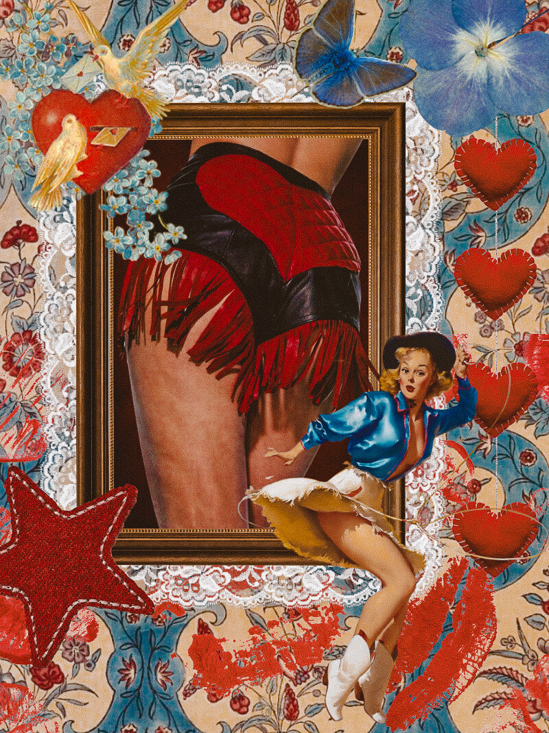 Digital image of the back side of a cowgirl in a photo frame with another cowgirl in the foreground